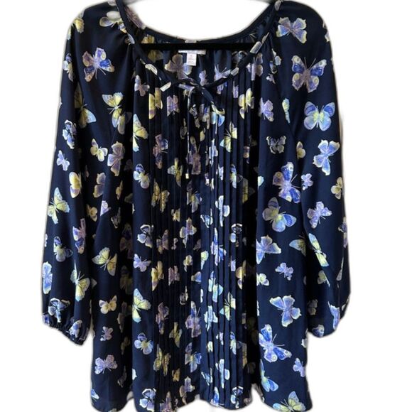 Charter Club Butterfly Print Navy Blue Blouse - Size XL - Picture 1 of 4